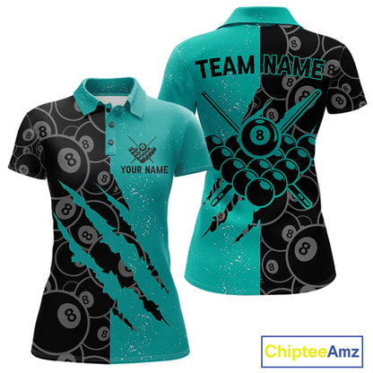 Custom Grunge Black Teal 8 Ball Pool Billiard Shirt For Women, Billiard Team Jersey Polo & 1/4 Zip TDM7295