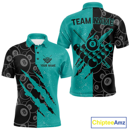 Custom Grunge Black Teal 8 Ball Pool Billiard Shirt For Men, Billiard Team Jersey Polo & 1/4 Zip TDM7295