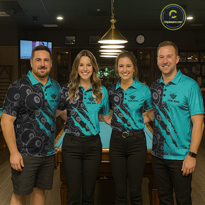 Custom Grunge Black Teal 8 Ball Pool Billiard Shirt For Women, Billiard Team Jersey Polo & 1/4 Zip TDM7295