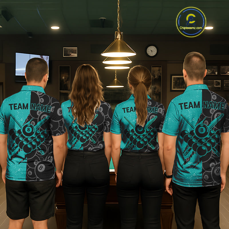 Custom Grunge Black Teal 8 Ball Pool Billiard Shirt For Women, Billiard Team Jersey Polo & 1/4 Zip TDM7295