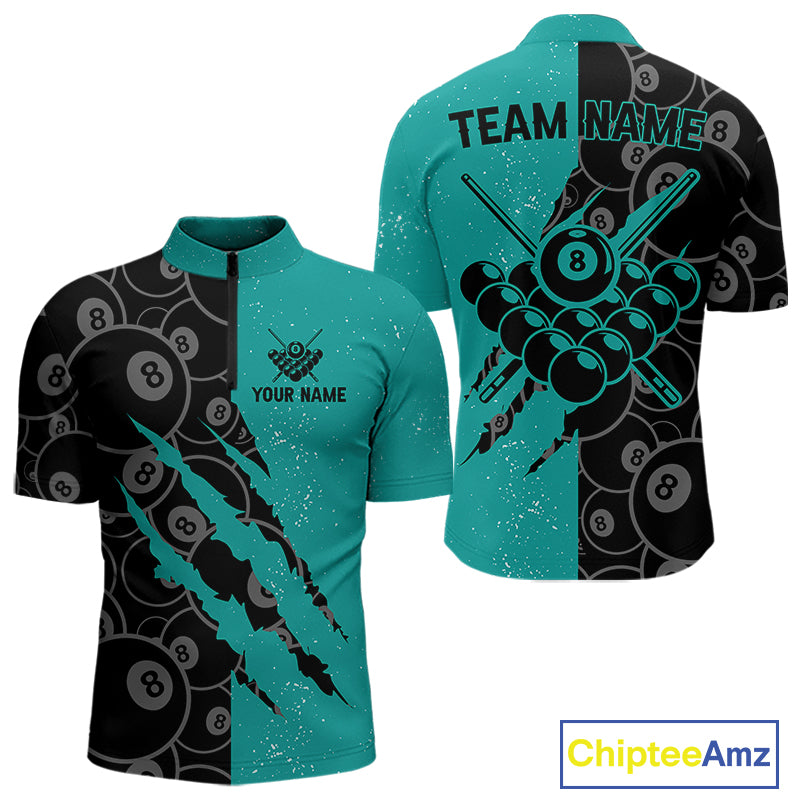 Custom Grunge Black Teal 8 Ball Pool Billiard Shirt For Men, Billiard Team Jersey Polo & 1/4 Zip TDM7295