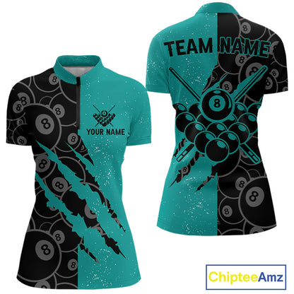 Custom Grunge Black Teal 8 Ball Pool Billiard Shirt For Women, Billiard Team Jersey Polo & 1/4 Zip TDM7295