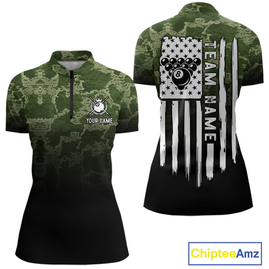 Black And Green Camo American Flag 8 Ball Billiard Shirt For Women Custom Patriotic Pool Team Jersey TDM5036
