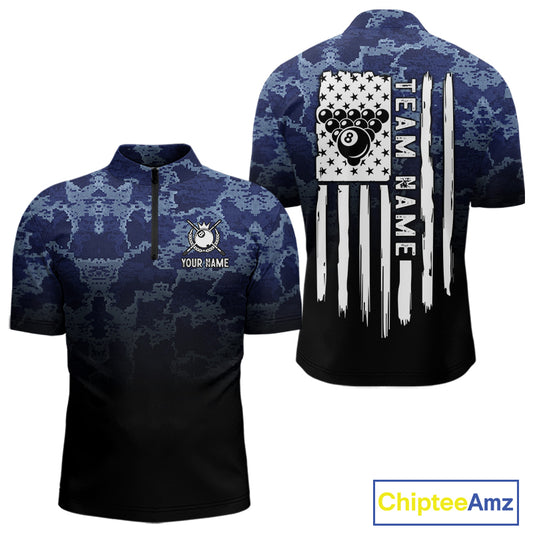 Black And Blue Camo American Flag 8 Ball Billiard Shirt For Men Custom Patriotic Pool Team Jersey TDM5037