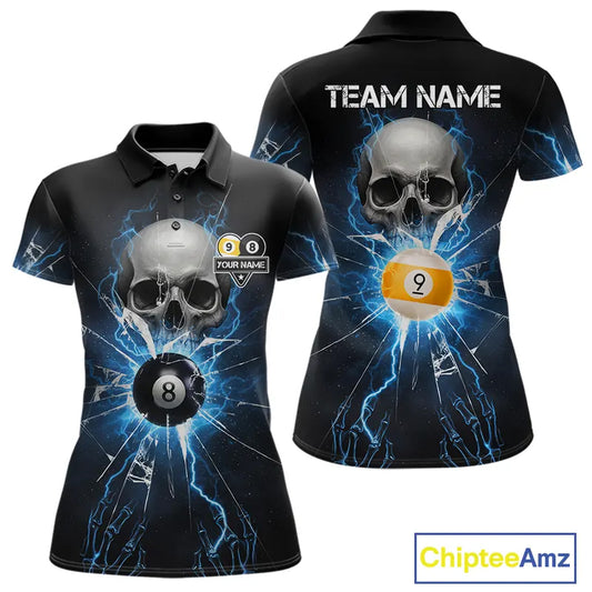 Blue Billiard 8 Ball & 9 Ball Skull Pool Shirt For Women Custom Glass Break Billiard Team Jersey TDM5513