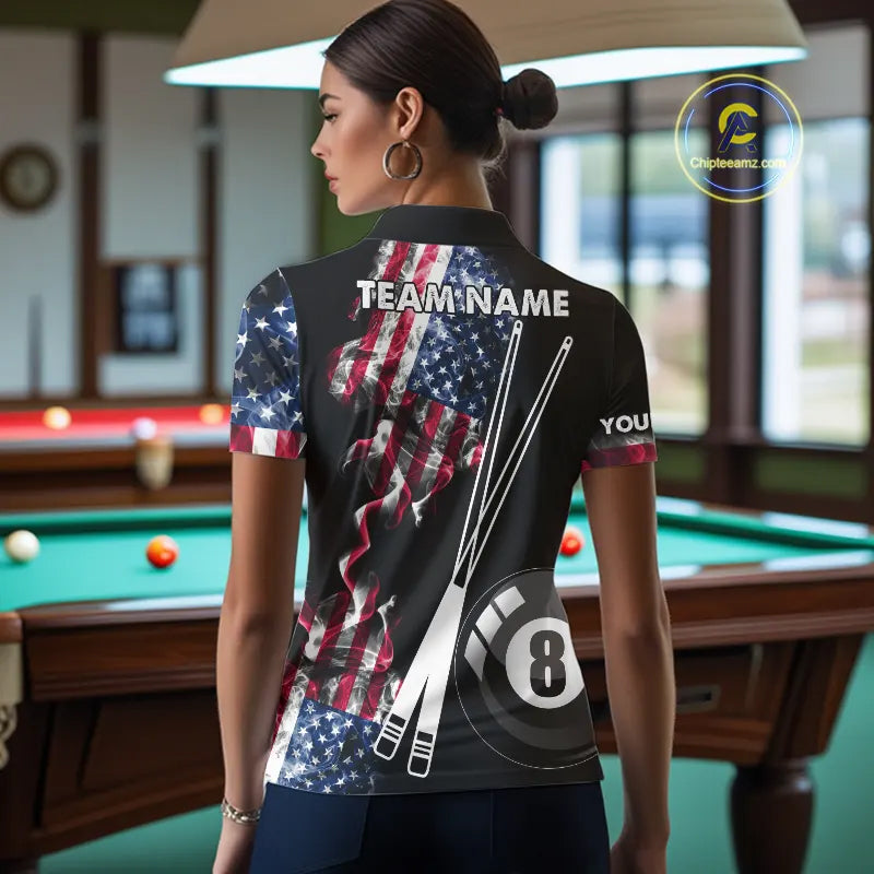 Personalized US Flag Smoke 8 Ball Pool Billiard Shirt For Women Custom Patriotic Billiard Team Jersey TDM5516