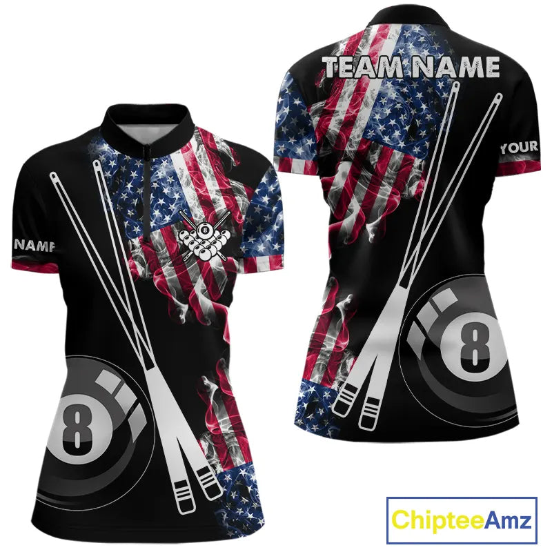 Personalized US Flag Smoke 8 Ball Pool Billiard Shirt For Women Custom Patriotic Billiard Team Jersey TDM5516