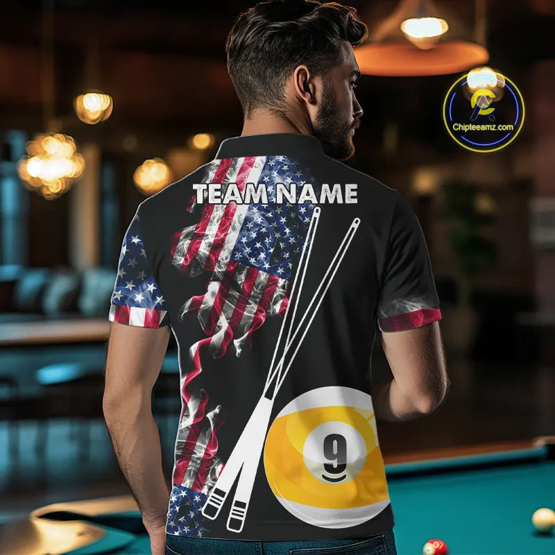 American Flag Smoke 8 Ball & 9 Ball Pool Billiard Shirt For Men Custom Patriotic Billiard Jersey TDM5517