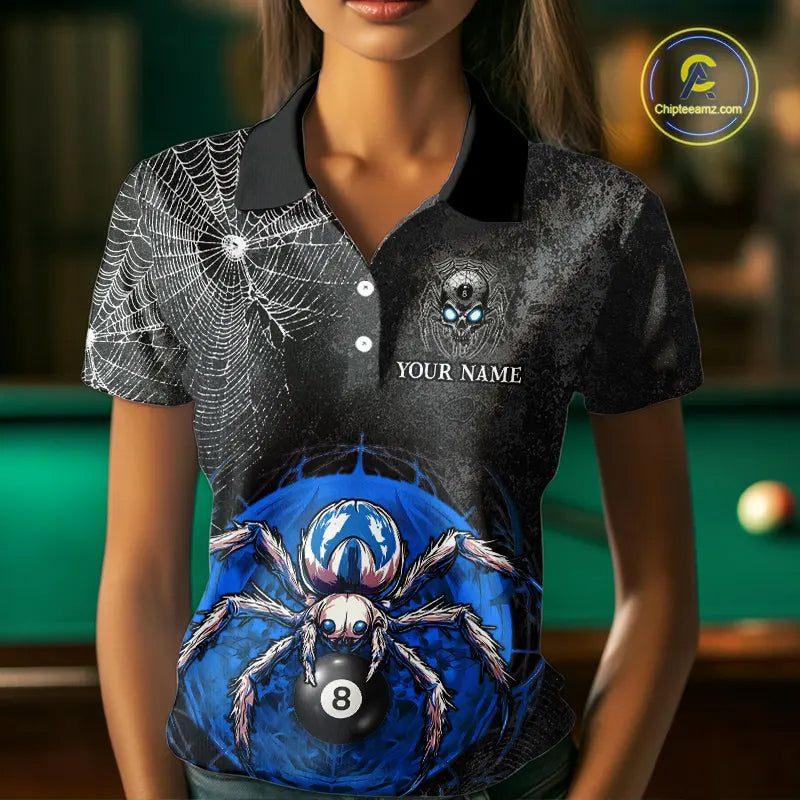 Personalized Grunge Spider Web 8 Ball Pool Billiard Shirt For Women, Billiard Team Jerseys |Blue TDM5518