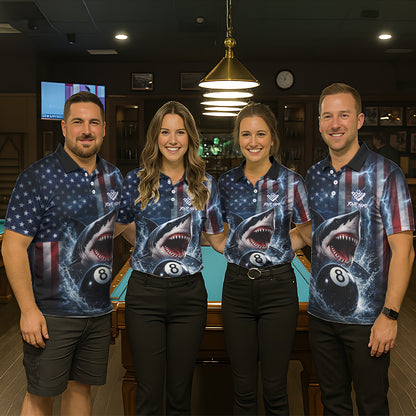 American Flag Shark 8 Ball Billiard Shirt For Men Custom Lightning Patriotic Pool Team Jersey TDM5769