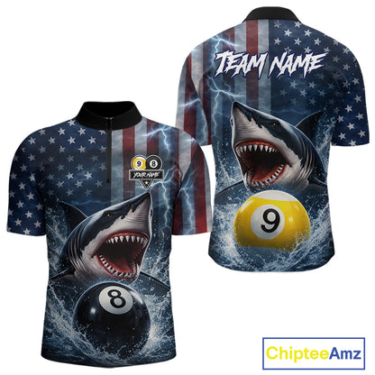 American Flag Shark 8 Ball & 9 Ball Billiard Shirt For Men Custom Lightning Patriotic Pool Jersey TDM5770
