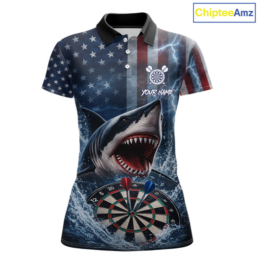 American Flag Shark Darts Shirt For Women Custom Lightning Patriotic Dart Jersey Team Polo & 1/4 Zip TDM5771