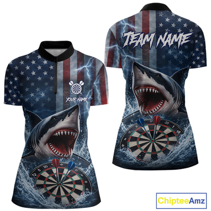 American Flag Shark Darts Shirt For Women Custom Lightning Patriotic Dart Jersey Team Polo & 1/4 Zip TDM5771