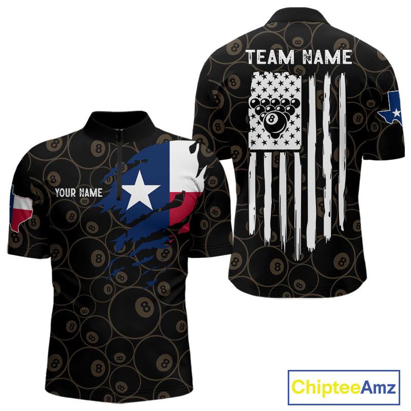 Personalized Texas Flag 8 Ball Pool Shirt For Men Custom US Flag Billiard Jersey Polo & 1/4 Zip TDM6137