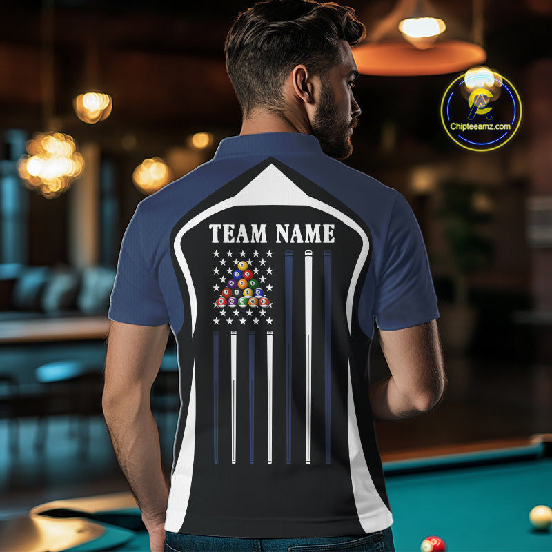 Blue Funny 8 Ball Pool US Flag Billiard Shirt For Men Custom Billiard Team Jersey Polo & 1/4 Zip TDM6365