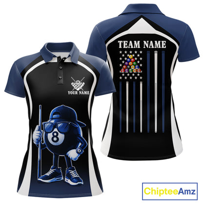 Blue Funny 8 Ball Pool US Flag Billiard Shirt For Women Custom Billiard Team Jersey Polo & 1/4 Zip TDM6365
