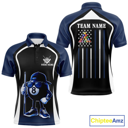 Blue Funny 8 Ball Pool US Flag Billiard Shirt For Men Custom Billiard Team Jersey Polo & 1/4 Zip TDM6365