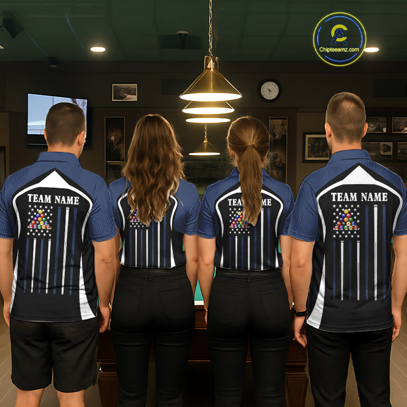 Blue Funny 8 Ball Pool US Flag Billiard Shirt For Men Custom Billiard Team Jersey Polo & 1/4 Zip TDM6365
