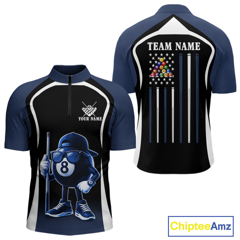 Blue Funny 8 Ball Pool US Flag Billiard Shirt For Men Custom Billiard Team Jersey Polo & 1/4 Zip TDM6365