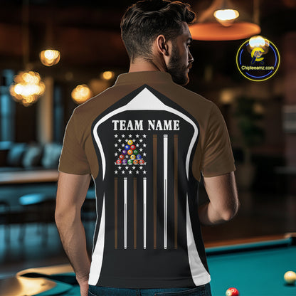 Brown Funny 8 Ball Pool US Flag Billiard Shirt For Men Custom Billiard Team Jersey Polo & 1/4 Zip TDM6366