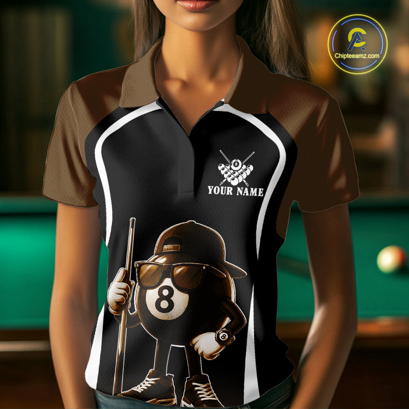 Brown Funny 8 Ball Pool US Flag Billiard Shirt For Women Custom Billiard Team Jersey Polo & 1/4 Zip TDM6366