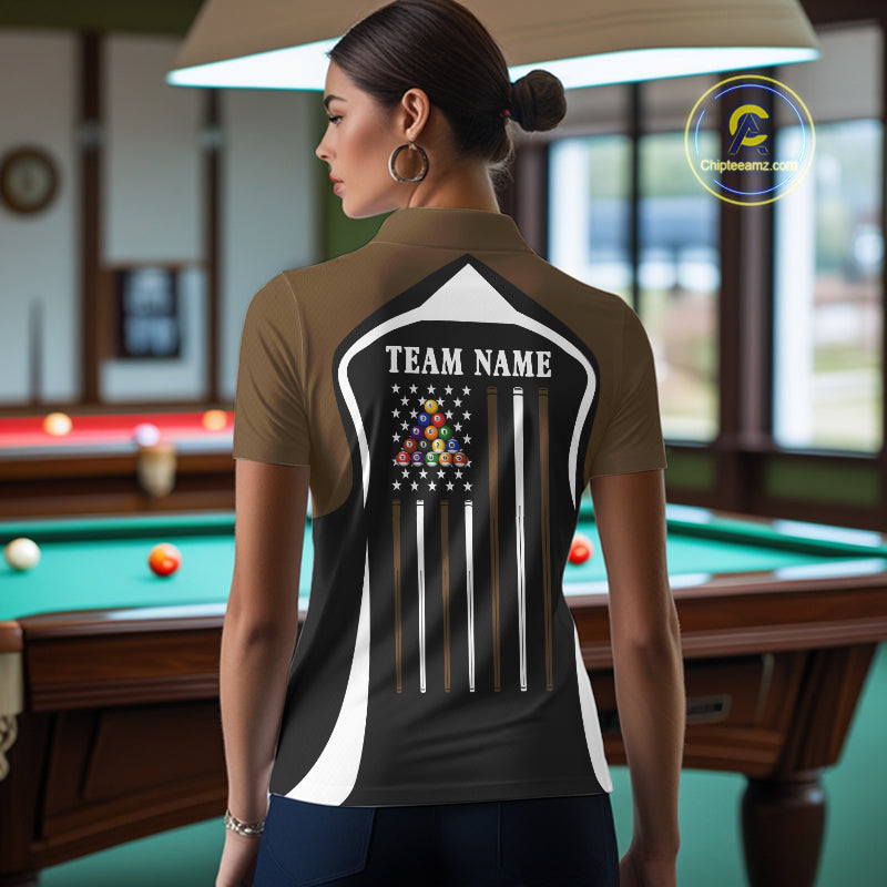 Brown Funny 8 Ball Pool US Flag Billiard Shirt For Women Custom Billiard Team Jersey Polo & 1/4 Zip TDM6366
