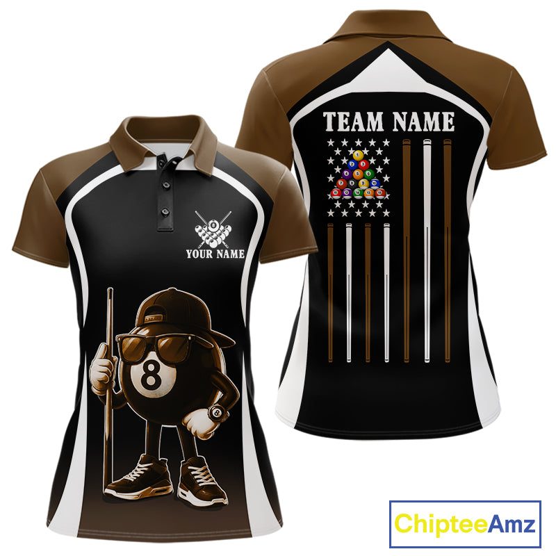 Brown Funny 8 Ball Pool US Flag Billiard Shirt For Women Custom Billiard Team Jersey Polo & 1/4 Zip TDM6366