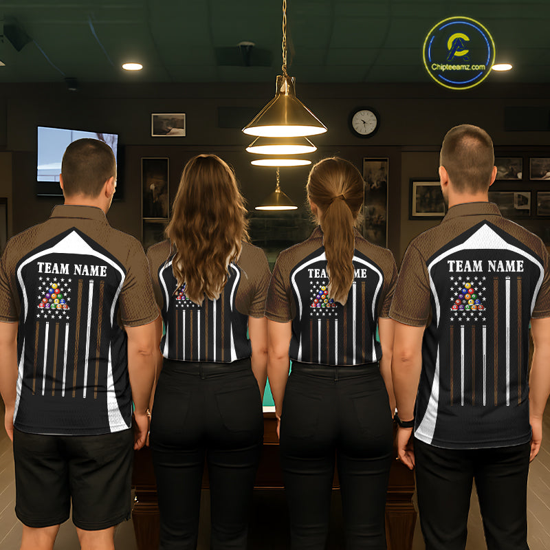 Brown Funny 8 Ball Pool US Flag Billiard Shirt For Men Custom Billiard Team Jersey Polo & 1/4 Zip TDM6366