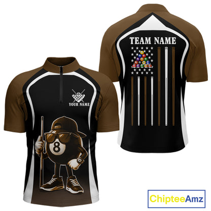 Brown Funny 8 Ball Pool US Flag Billiard Shirt For Men Custom Billiard Team Jersey Polo & 1/4 Zip TDM6366