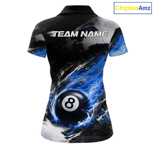 Custom Blue Flaming 8 Ball Pool Billiard Shirt For Women, Billiard Team Jersey Polo & 1/4 Zip TDM6370