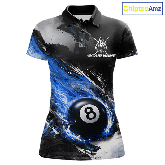Custom Blue Flaming 8 Ball Pool Billiard Shirt For Women, Billiard Team Jersey Polo & 1/4 Zip TDM6370