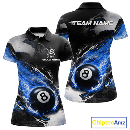 Custom Blue Flaming 8 Ball Pool Billiard Shirt For Women, Billiard Team Jersey Polo & 1/4 Zip TDM6370