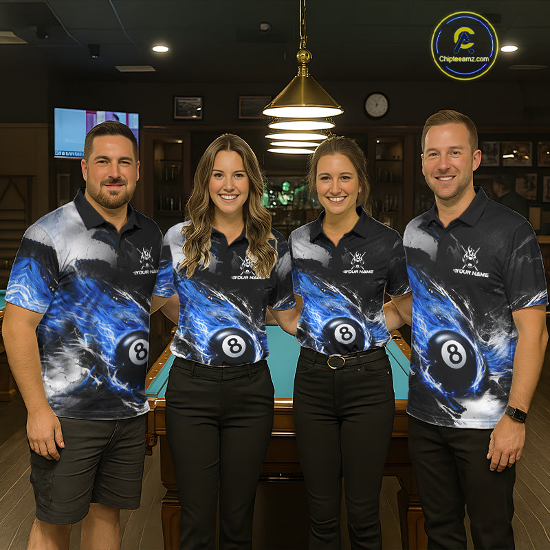 Custom Blue Flaming 8 Ball Pool Billiard Shirt For Men, Billiard Team Jersey Polo & 1/4 Zip TDM6370