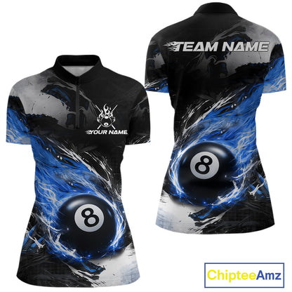 Custom Blue Flaming 8 Ball Pool Billiard Shirt For Women, Billiard Team Jersey Polo & 1/4 Zip TDM6370