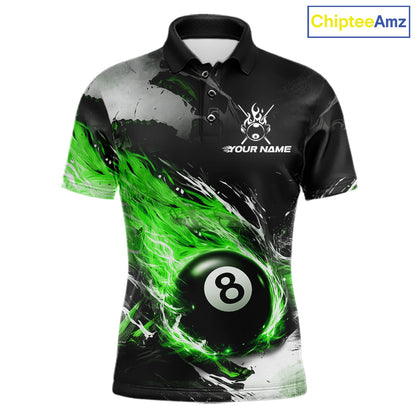 Custom Green Flaming 8 Ball Pool Billiard Shirt For Men, Billiard Team Jersey Polo & 1/4 Zip TDM6371
