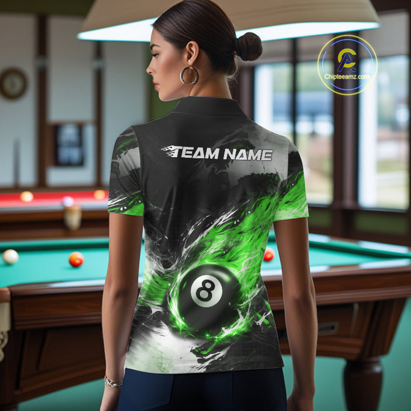 Custom Green Flaming 8 Ball Pool Billiard Shirt For Women, Billiard Team Jersey Polo & 1/4 Zip TDM6371