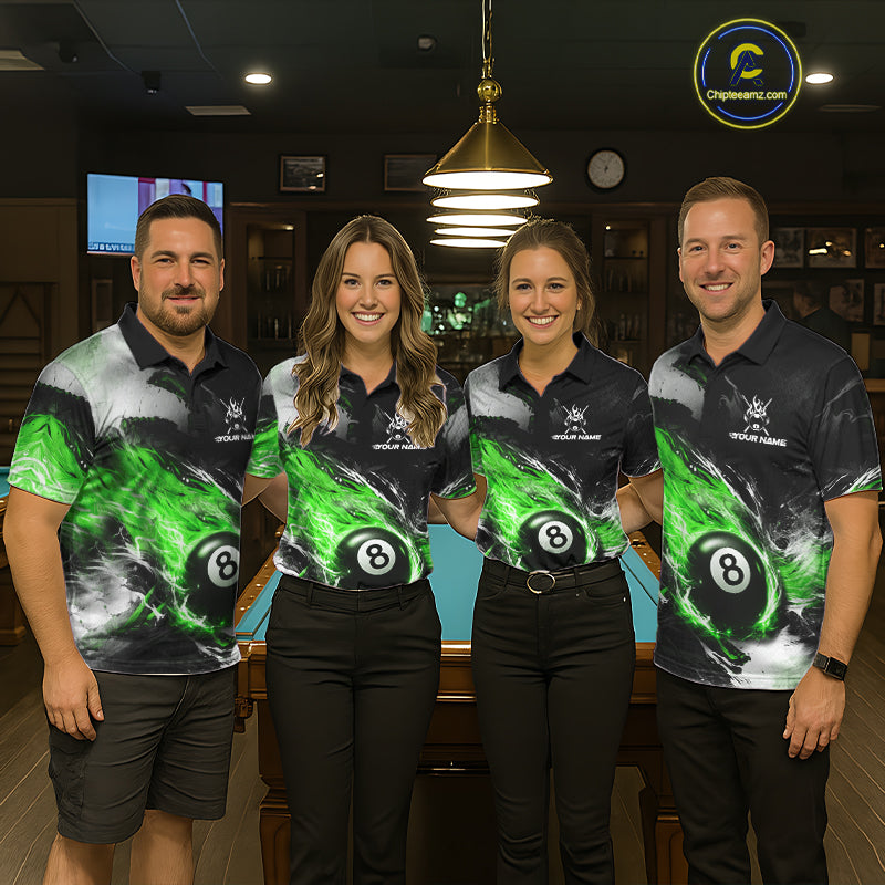 Custom Green Flaming 8 Ball Pool Billiard Shirt For Men, Billiard Team Jersey Polo & 1/4 Zip TDM6371