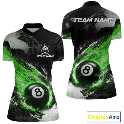 Custom Green Flaming 8 Ball Pool Billiard Shirt For Women, Billiard Team Jersey Polo & 1/4 Zip TDM6371