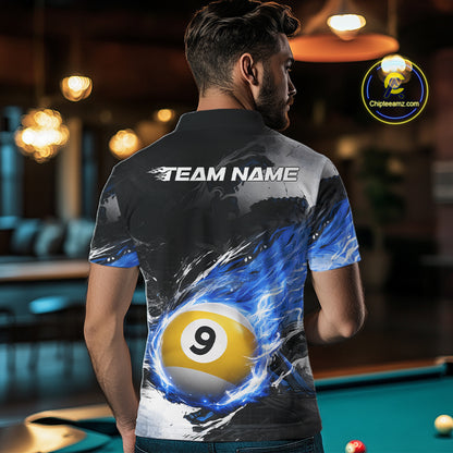 Custom 8 Ball & 9 Ball Pool Blue Flame Billiard Shirt For Men, Billiard Team Jersey Polo & 1/4 Zip TDM6372