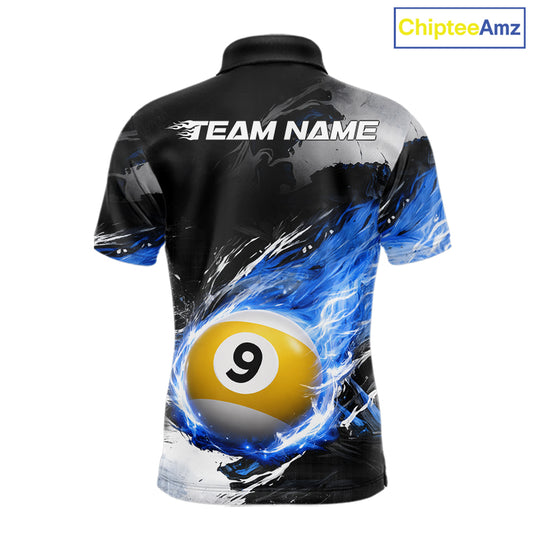 Custom 8 Ball & 9 Ball Pool Blue Flame Billiard Shirt For Men, Billiard Team Jersey Polo & 1/4 Zip TDM6372