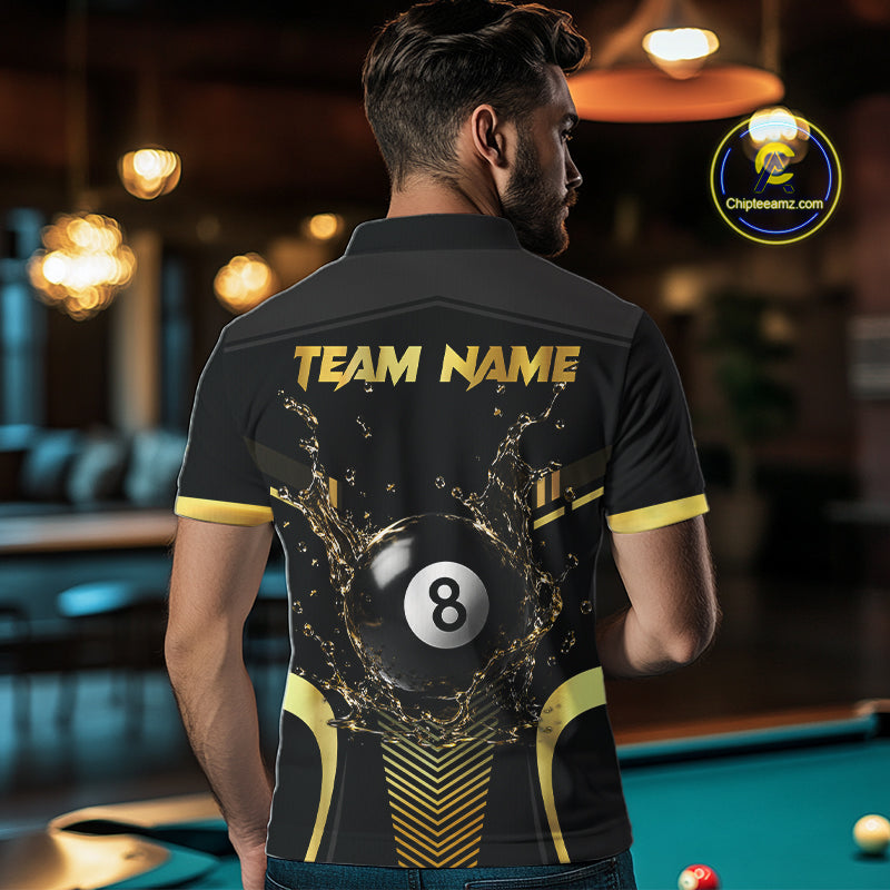 Man Wearing Personalized Black and Gold Water 8 Ball Custom Billiard Team Jersey Featuring the Complete Rear Artwork, Back View