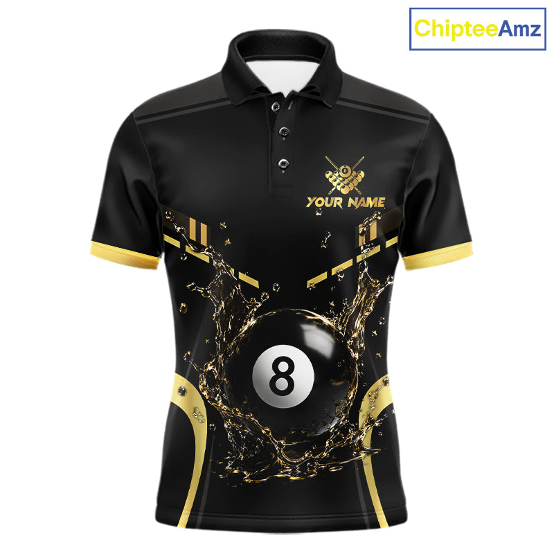 Personalized Black and Gold Billiard Water 8 Ball Pool Polo Shirt Featuring Premium Water Effect Artwork for Pool League Players and Tournament Competition
