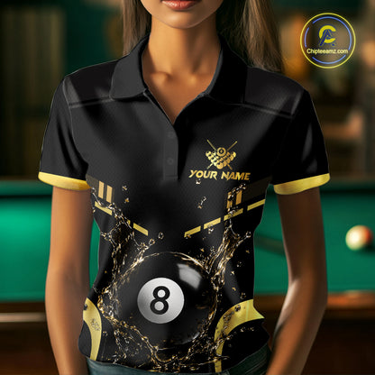 Woman Wearing Personalized Black and Blue Water 8 Ball Billiard Polo Shirt with Athletic Performance Fit and Water Effect Graphic, Front View