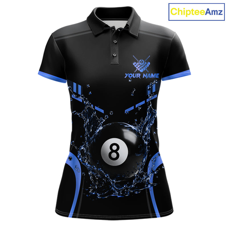 Personalized Black and Blue Billiard Water 8 Ball Pool Polo Shirt Featuring Dynamic Water Splash Artwork for Pool League Players and Team Competition