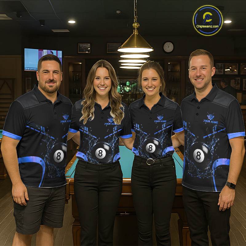 Pool Team Wearing Personalized Black and Blue Water 8 Ball Billiard Jerseys During League Competition and Tournament Events, Front View