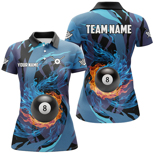 Personalized Blue Whirling 8 Ball Pool Flame Women Billiard Shirts, Billiard Jerseys 8 Ball Costume TDM3041