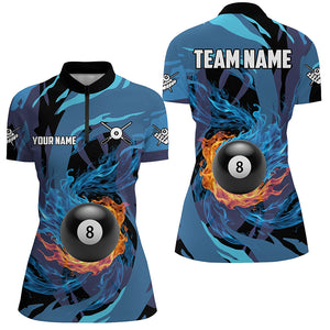 Personalized Blue Whirling 8 Ball Pool Flame Women Billiard Shirts, Billiard Jerseys 8 Ball Costume TDM3041