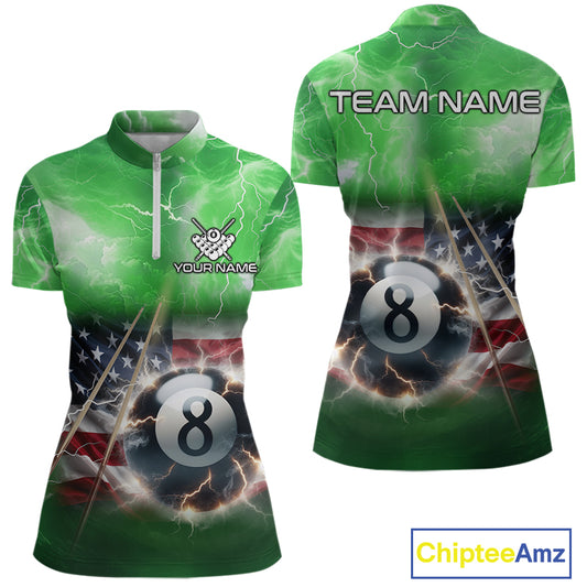Green American Flag Thunder Lightning 8 Ball Billiard Shirt For Women Custom Pool Team Jersey TDM5265