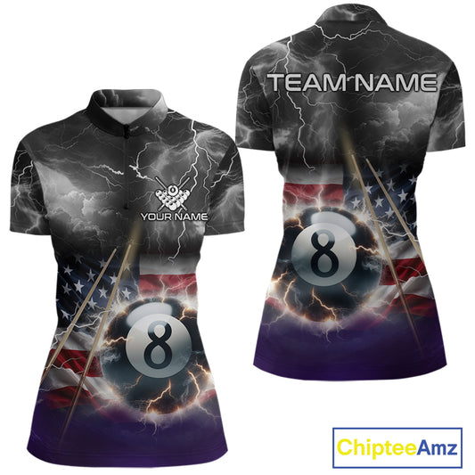 Black Purple American Flag Thunder Lightning 8 Ball Billiard Shirt For Women Custom Pool Team Jersey TDM5267