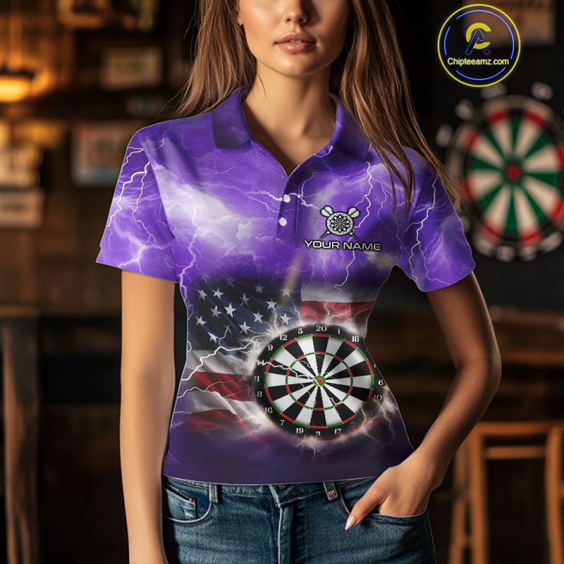 Purple American Flag Thunder Lightning Darts Shirt For Women Custom Darts Jersey Team Polo & 1/4 Zip TDM5269